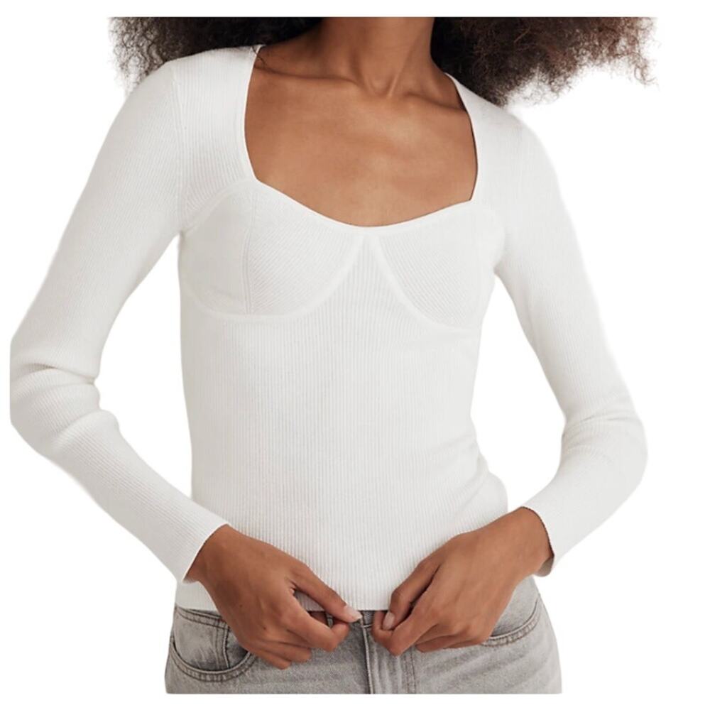 NWT Madewell White Sweetheart Neckline Long Sleeve Lightweight Corset Sweater S